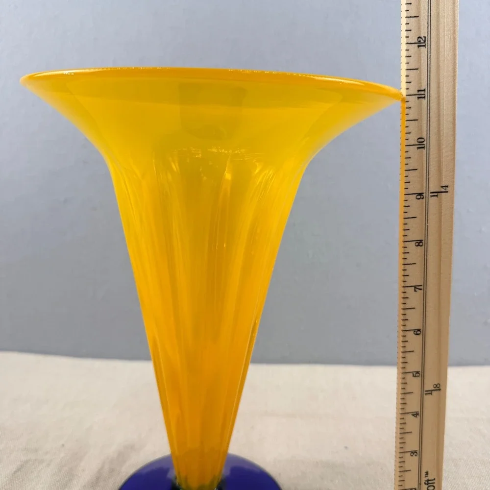 VTG 2001 Signed Richard Blenko Art Glass Trumpet Vase 8721L Yellow Cobalt 11.5
